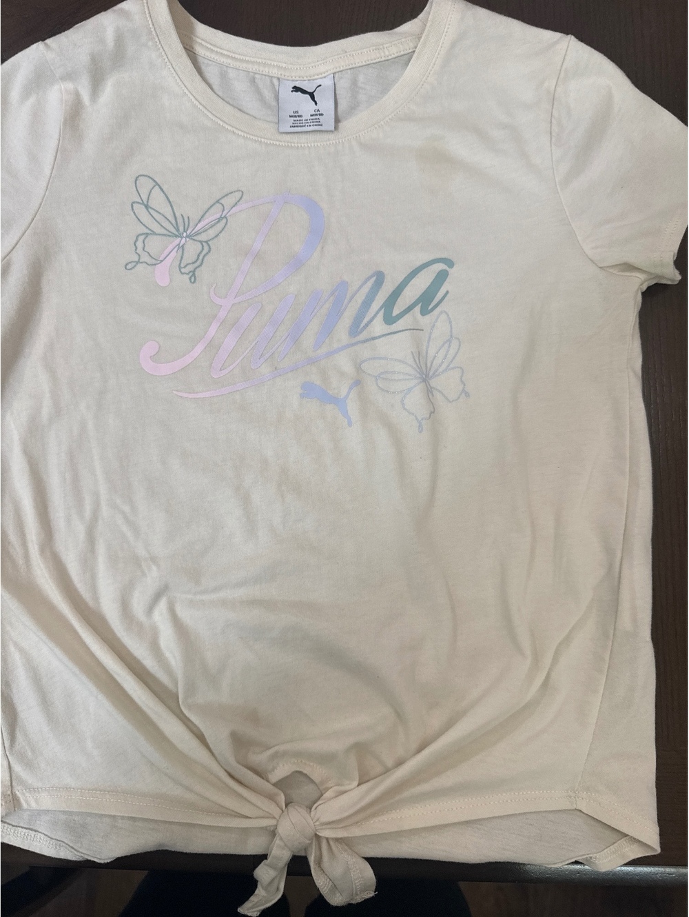 Puma Girls' Short Sleeve Tie-Front T-Shirt Size M 8/10 Cream with Butterfly Logo